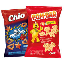 Chio pom-bär, heartbreakers, kettle
cooked, mixplosions, donuts,
xxl flippies of popchips
